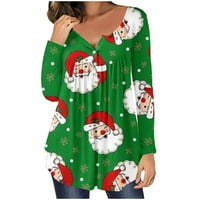 Ženski Henley s dugim rukavima Božićne casual labave fit naleted bluza vrhova snježne pahuljice Radni majica Green XL