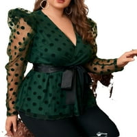Ženska tamno zelena polka tačka duboka v izrez elegantne bluze dugih rukava plus veličine