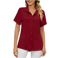 Scyoekwg casual vrhovi za ženske klike za bluze s kratkim rukavima plus veličina casual solid boja rezervacije jednokradne trendi opuštene fit majice ljetne košulje vino