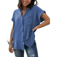 Ženska pamučna posteljina kratka rukava majica dame ol rade čvrste gumb za bluzu bluza plave s