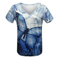 Ženska modna ležerna print V-izrez kratkih rukava od tiskane majice, plava, xxxl, 95% poliester, 5%