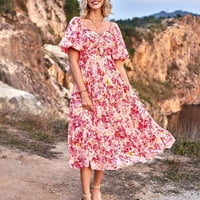 HHEI_K Ženski ljetni casual puff rukavac shure vrat cvjetni ispis labavi obični a-linijski tunički haljina