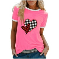 Dnevne majice za Valentinovo za žene kratki rukav majica Žene Comfy Raglan bluza Crewneck Pulover Plaid Leopard Heart Graphic Print Tops Parovi Modna dukserija Pink XXL