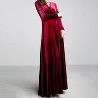 Gotyou haljine ženske jesenje i zimskog zlata Velvet V-izrez Čvrsta boja Dugih rukava haljina vina s