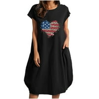 Žene 4. srpnja Midi haljina, srčana američka zastava Thirts haljina za žene Patriotsko kratki rukav