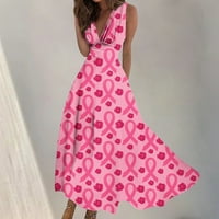 Čišćenje svijesti o raku dojke Modna ženska proljetna ljeta tiskana Ležerna s rukavama s V-izrezom duga suknja