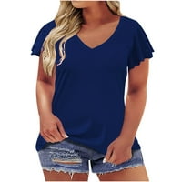 Žene plus veličina ruffle čvrsti bluze kratki rukav ljetni V-izrez T-majice plava 4xl