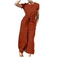 Jumpsuits za ženske plus veličine kratkih rukava od pune boje labave ravne posteljine hlače modne ruperne