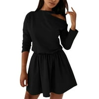 Fall Formalne midi haljine za žene okrugli vrat dugih rukava od pune boje, haljina od ramena Black XXL