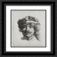 Rembrandt matted crni ukrašeni uokvireni umjetnički ispis 'samoportno portret koji nosi meku kapupu punog lica, samo glava' '