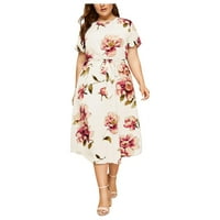 Ženske oblače srednje dužine kratkih rukava casual a-line cvjetni okrugli dekolte, ljetna haljina bijela 2xl