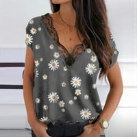 Yubatuo ženske vrhove modne ženske labave ljetne čipke V-izrez Daisy Ispis majica kratkih rukava majice