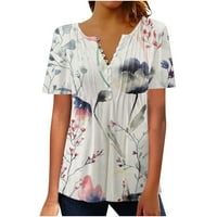 Tking Fashion Womens Ljeto V izrez kratki rukav Naplaćeni vrhovi labavi cvjetni gumb za tisak T majice
