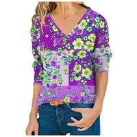 Ženska modna ležerna temperamenta V-izrez cvjetne boje majica s dugim rukavima Top Purple XXXL