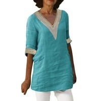 Ženska ljetna puna boja V izrez srednje rukave pamuk i posteljina Ležerna majica