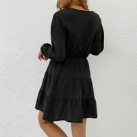Ženska jesen i zimski modni temperament Novi Pleat Solid Boja Tanka Leisure Dug rukava haljina Black