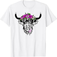 Žene škotske visokoškolske krave stoke dlakave kravlje cvijeće Žena majica bijeli tee