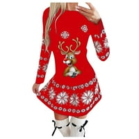 Hanas haljine Ženska modna okrugla vrat Božićni ispis Nasled suknje duga suknja crvena s