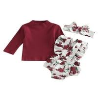 Diconna Newborn Baby Girls Bodysuit Sets Jesen Zimska odjeća Turtleneck Majica Flower Print BodySuit Bowarband kose vino crvena 12 mjeseci