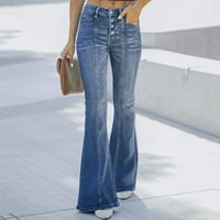 Hlače za žene Solid Color Mid High Struk široki nog Ljetni gumb džep elastične traperice Labavi moda