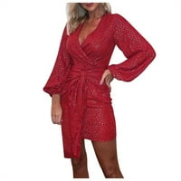 Ženska haljina za žene Klub vezati V izrez Glitter Severning večernji mini haljina Wrap crvena l