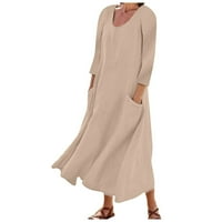 Ženske casual haljine dugih rukava pune boje pamučna posteljina okrugla džepna haljina sa otvorenim