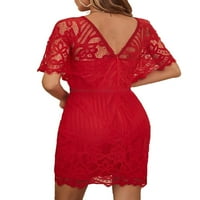 Elegantna ravnica V izrez ugrađena kratkim rukavima Crvene ženske haljine