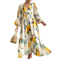 Žene proljeće jesen win maxi haljina s dugim rukavima V-izrez cvjetne visoke strukske haljine haljina