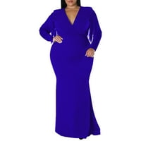 Haljine za jesen Maxi za žene Ležerne prilike velikog dugih rukava Solid Color FEP V izrez Dress Blue XXXXXL