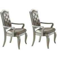 Drvena ručna stolica sa gumbom za kožu s gumbom za kožu, set od 2, srebrna- Saltoro Sherpi