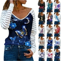 Ženske dugih rukava padajuća bluza opruga O-izrez Stripe labav ispis patchwork bluza pulover prom bluza