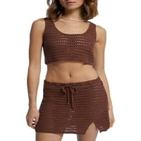 Wybzd Womens Bodycon Crochet pletene odjeće Summer Cross Tops Short Halts Suknje za sustavke Plaža Saiits