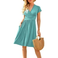 Haljina za žene, ženski modni ljetni casual kratkog rukava V-izrez džep kratki haljina nebeska plava