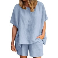 Plus size pamučne posteljine ženske odjeće TrackSuits kratki rukav Tunički vrhovi džepovi kratke hlače