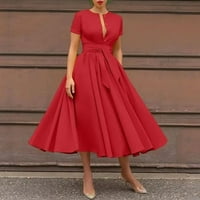 CAVEITL Ljetne haljine za žene, žensko ljeto okruglo vrata čvrstog boja za bora s bojom crvena, l