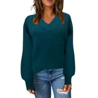 Dukseri za žene Fit Solid Color V-izrez dugi rukav modni pulover pleteni kaput casual labav vrhovi džemperi