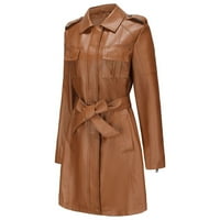 Oieyuz ženska duljina kožna jakna tanka rever s dugim rukavima s džepovima Trendi solidna boja
