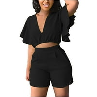 Ženska plus veličine odijela Ruffle s kratkim rukavima V-izrez Top + casual kratke hlače Ljetne žene