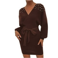 Haljina s dugim rukavima za žene džemper haljina za žene Ženske dugih rukava V-izrez Pletena haljina