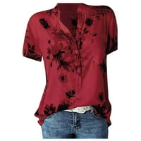 Womens dugme dolje bluza s kratkim rukavima cvjetni vrhovi Dressy casual gumb dolje majice crveno l