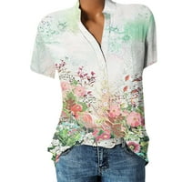 SKSLOEEg ženske bluze casual gumb dolje majice Retro cvijet Ispis Klasična bluza Kratki rukav Organizacijski