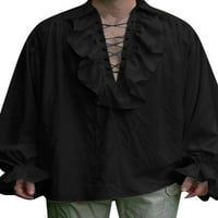 Century Mens Retro košulja Srednjovjekovni gospodin bluza ruffle čipka u up V izrez dugih rukava labava jesenja košulja crne l
