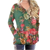 HFYIHGF Womens V-izrez Duks pad modnog casual labava pulover na vrhu cvjetnog tiska dugih rukava majica