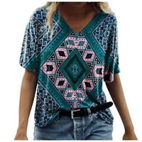 Feternal Women Retro Print Tribe Geometrijski print V-izrez Majica s kratkim rukavima Top bluzes Maxi