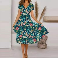 Lashall haljine za žene, ljetna casual moda cvjetna print kratkih rukava V-izrez Swing haljina, tamno