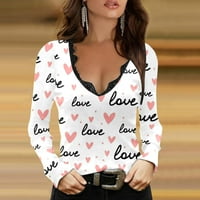 Iopqo T majice za žene Ležerne prilike za Valentinovo Ispis Kontrastni ispis V-izrez Dugih rukava na