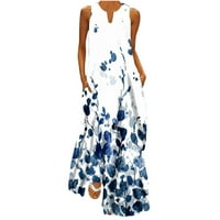 Drindf Vintage haljine za žene Trendy Split V izrez Tunika Tun Sundress Elegantni print Maxi haljina