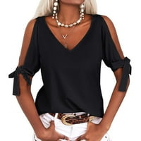 Zkozptok Ženski ljetni vrhovi V-izrez s ramena seksi čvrste labave bluze Tuničke majice, crna, s