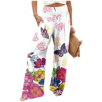 Ženske pamučne pamučne pamučne hlače Labavi elastični visoki struk casual široke noge joga plaža cvjetna salavna sala za salon s džepovima Pink XL
