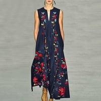 Ljetne vintage haljine bez rukava za žene V izrez Retro cvjetni print džep labavo Ležerne prilike za
